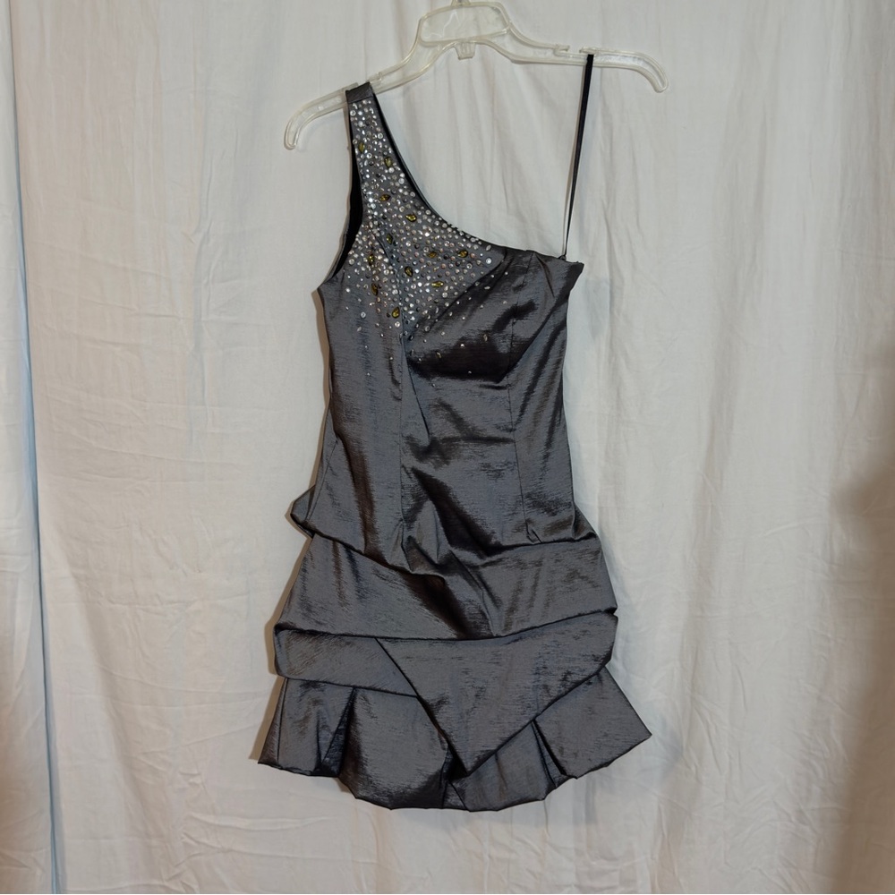 Vtg Cachè One Shoulder Metallic Gray Beaded Mini Bubble Cocktail Dress 4 USA